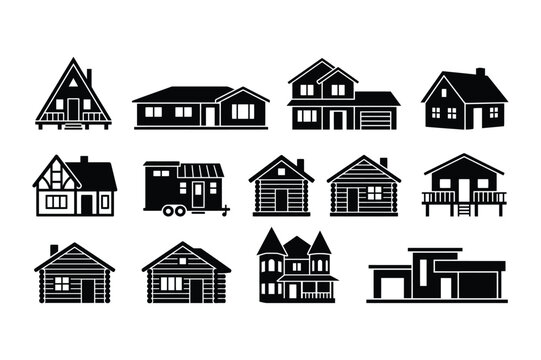 Residential housing architecture and home building silhouette vector graphics
