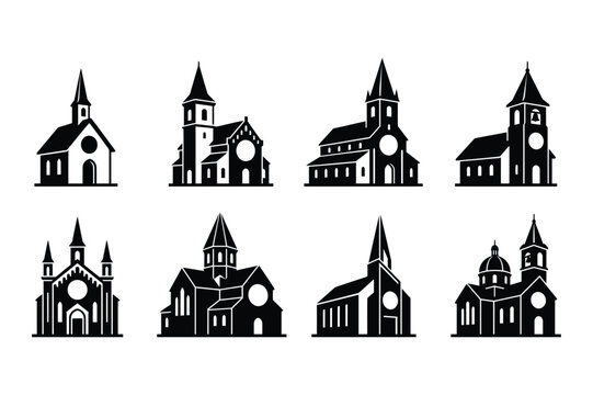 Traditional christian church buildings and cathedral silhouette illustrations
