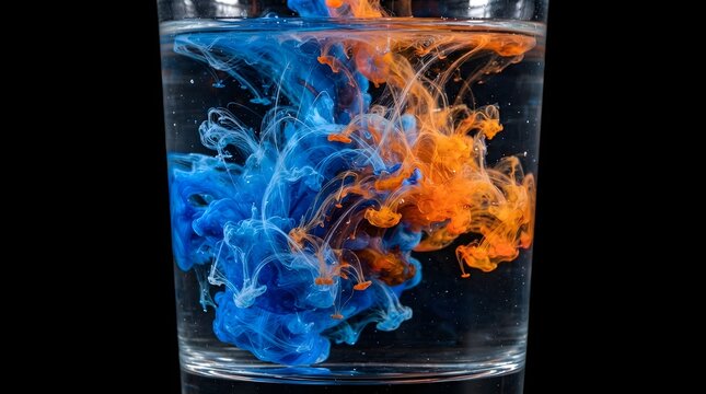 Blue and orange ink swirling in a glass of water