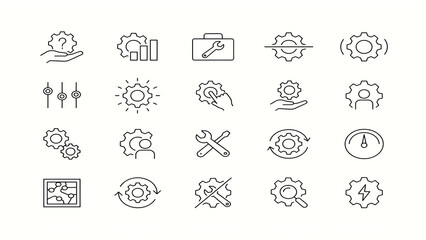 Fototapeta premium Collection of mechanical gear and configuration line icons with configuration engineering mechanical settings industrial automation interface development technical optimization maintenance