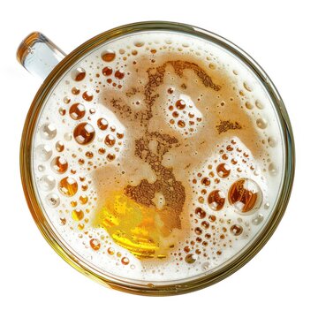 Top view of frothy beer in glass mug.