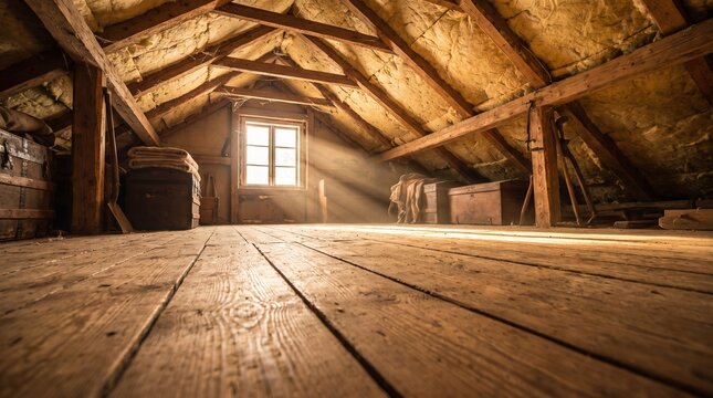 Sunlight streams through a window into a rustic wooden attic filled with vintage chests.