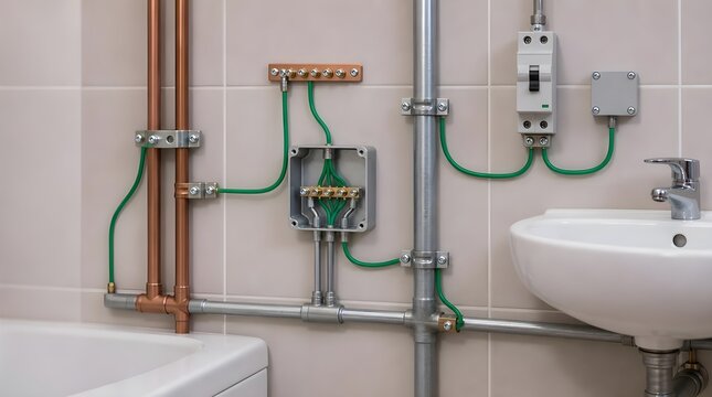 Bathroom Bonding Model With Metallic Pipes And Grounding Clamps For Electrical Safety Installation Training Sessions