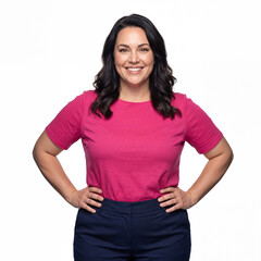 Fototapeta premium Confident Woman in Pink: A smiling woman with dark hair and a warm expression stands confidently with hands on her hips, wearing a bright pink t-shirt and dark trousers.