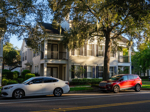 A modern residential house stands beside a quiet street shaded by large oak trees with hanging Spanish moss. Parked cars and mature landscaping create a peaceful suburban neighborhood scene.