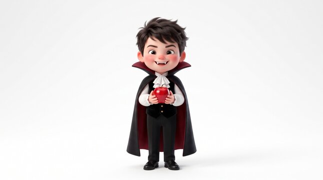 A cute cartoon vampire boy wearing a black cape and holding an apple. Isolated on a white background