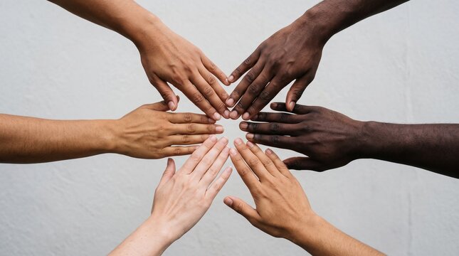 Hands of people with different skin tones coming together in a circle, symbolizing unity and diversity. 