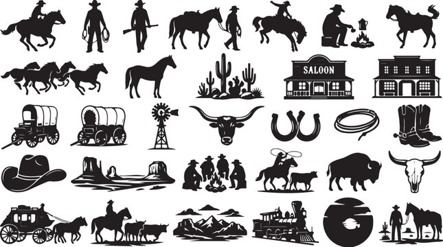 Wild West cowboy silhouette collection, vintage western icons and rodeo elements, black rustic frontier clip art set, american pioneer vector graphics