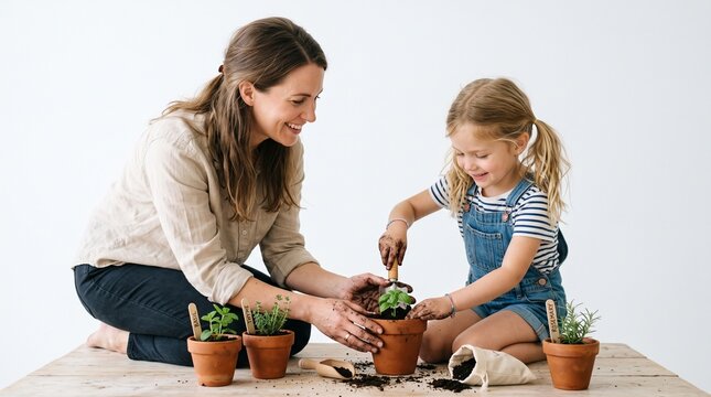 A mother and daughter happily planting herbs in small terracotta pots, fostering a love for nature and gardening together. White background