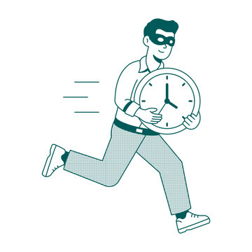 Masked runner carrying a clock while escaping with valuable time.