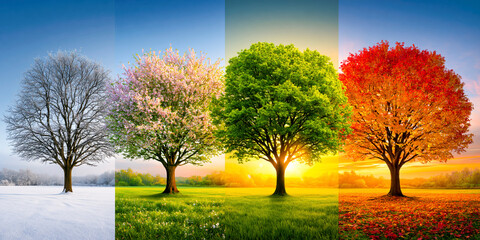 Obraz premium Four Seasons Panorama with Same Tree in Winter Spring Summer and Autumn