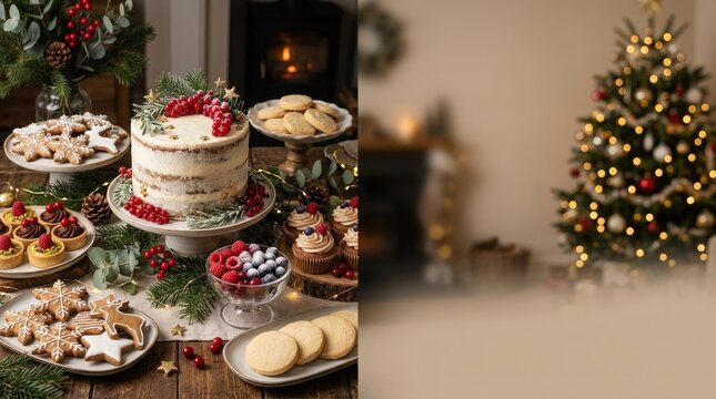 Elegant holiday dessert table with cakes and pastries
