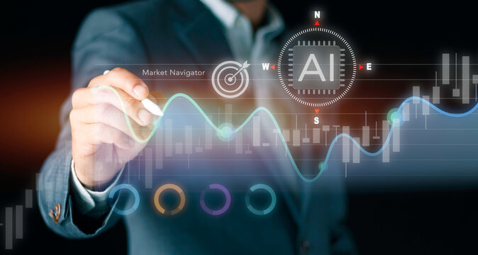 Businessman drawing graph line for AI market navigator concept. Compass direction strategy, financial stock trading, target goal achievement, data analytics, and corporate investment.