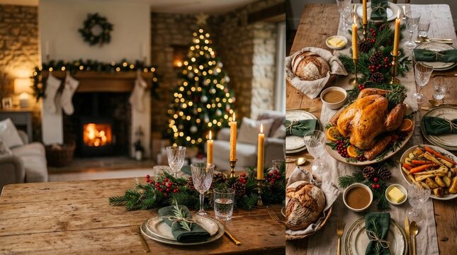 Cozy christmas dinner table with decorated tree and fireplace