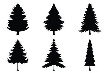 Fototapeta premium Set of Black Pine Tree Silhouettes Isolated on White Background, Evergreen Forest Vector Collection