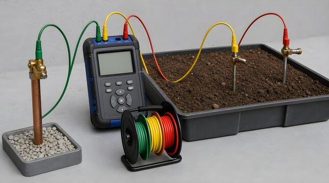 Grounding Resistance Test Setup With Stake Model And Test Equipment For Electrical Safety Training Sessions