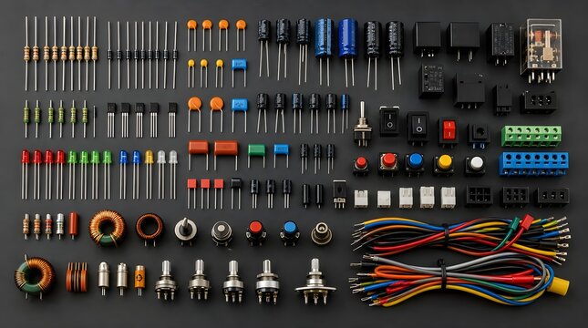 Electronic Component Collection With Resistors Capacitors Diodes And Relays For Practical Circuit Education Sessions Applications