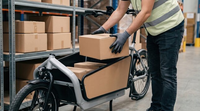 Cargo E-Bike Delivery concept. Worker loading packages into cargo bike in warehouse environment