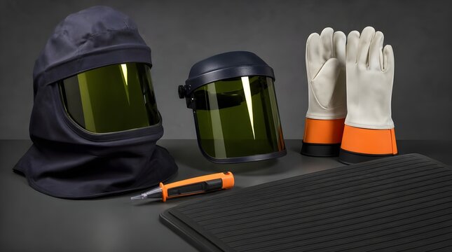 Electrical Arc Protection Display Featuring Insulated Gloves Safety Hood And Face Shield For Training Professionals