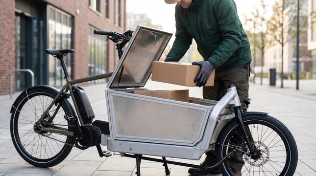 Cargo E-Bike Delivery concept. Person loading cardboard boxes into cargo bike on city street