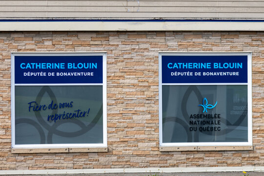 Gaspesie, Canada, 31 May 2026 : Catherine Blouin's political office windows display her name as Member of Parliament for Bonaventure and the National Assembly of Quebec.