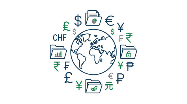 A circular arrangement of global currency symbols and business folders around a central world map