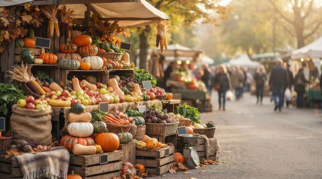 Busy outdoor market stall with fresh bread and vegetables