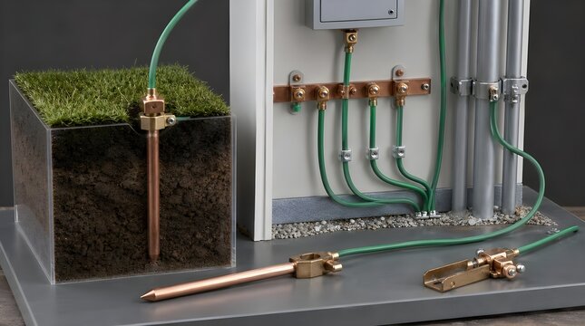 Grounding Demonstration With Copper Rods And Green Insulated Conductors For Electrical Safety Training Practice Sessions