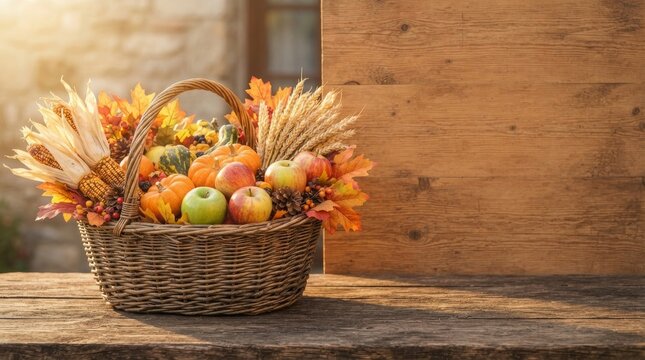 Wicker basket filled with autumn fruits and dried flowers