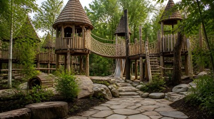 Fototapeta premium Woodland Adventure Playground With Treehouse Towers Rope Nets And Stone Paths For Nature Inspired Play