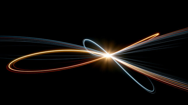 Glowing lines representing an atomic reaction as atoms separate, physics and chemistry illustration concept, with copy space