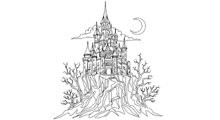 Fototapeta premium Mysterious Gothic Castle on a Hill with Crescent Moon and Bare Trees