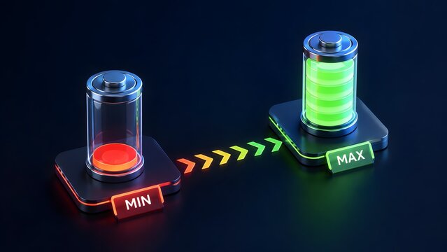 3d battery charging concept showing energy transfer from red minimum to green maximum level representing power optimization