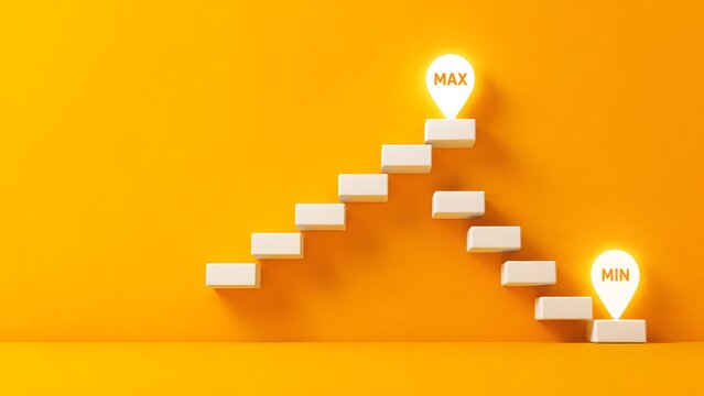 White staircase ascending from minimum to maximum glowing indicator representing step by step business growth and progress