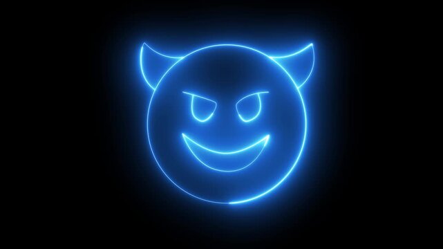 glowing neon devil icon animation neon demon emoticon devil with grin face on Black background
