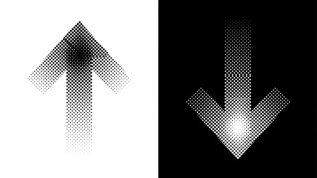 Halftone style arrow icons pointing up and down directional signs with halftone direction abstract contrast navigation indicator minimalist