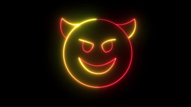 glowing neon devil icon animation neon demon emoticon devil with grin face on Black background