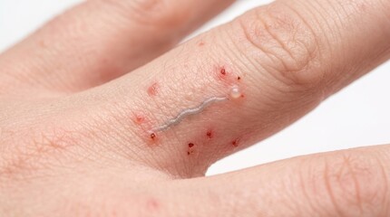 Fototapeta premium Extreme close up macro of scabies burrow track lesion and itchy vesicles on finger skin