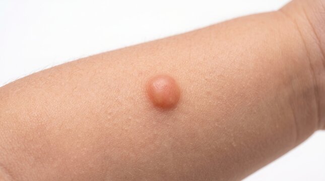 Macro closeup of raised molluscum contagiosum papule lesion on forearm skin