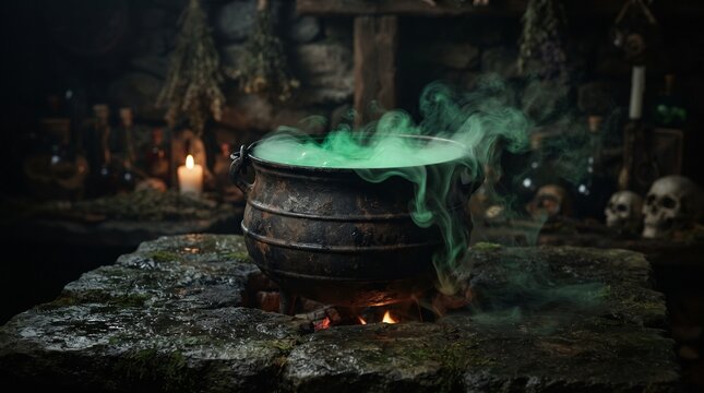 Antique Pot with Green Bubbling Potion in Dark Dungeon. Witches Brew Over Fire. Skulls, Candles, and Vials. Evil Magic Concept Art Background.