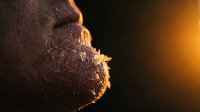 Extreme close up side view of severely chapped peeling skin on male lips and chin in warm light