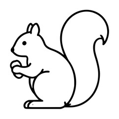 Hand-drawn vector illustration of a cute squirrel standing upright holding a nut, simple line art icon with a fluffy tail, perfect for nature, woodland, or animal-themed graphic design projects, © shazan