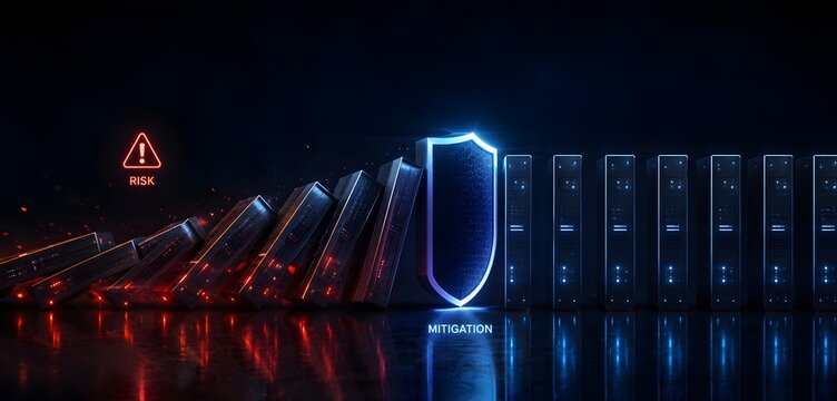 Futuristic glowing shield stopping falling server racks representing cyber security data protection risk mitigation and IT infrastructure defense