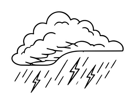 Hand-drawn black and white vector illustration of a dramatic thunderstorm cloud with lightning bolts and slanted rain pouring from the sky. Weather icon, simple line art