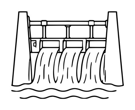 Hand-drawn vector icon illustration of a hydroelectric spillway gate releasing cascading water flow between concrete dam pillars into a rippling river reservoir
