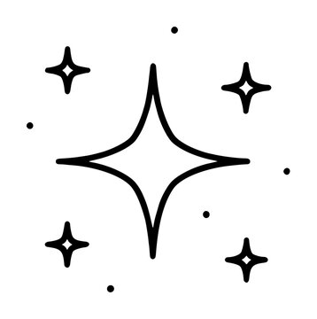 Hand-drawn four-pointed sparkle cluster vector icon with delicate outlined stars and scattered tiny dots on clean white background in monochrome minimal line illustration style