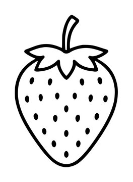 Hand-traced vector illustration of a ripe strawberry with seeds and leafy crown, minimalist black outline icon style for food branding and packaging design projects