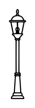Vintage hand-drawn street lamp vector icon illustration featuring a tall ornamental lamppost with decorative base, slender pole, and classic lantern head with glass panels and finial on top, isolated