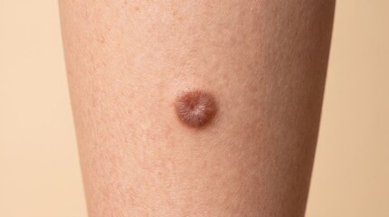 Fototapeta premium Close up view of raised benign dermatofibroma skin nodule lesion on leg
