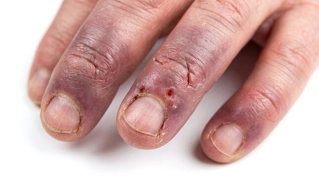 Close up photo of severe chilblains and Raynaud's phenomenon on cyanotic swollen fingers